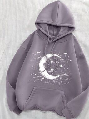 Celestial Moon & Stars Oversized Fleece Hoodie - Dusty Purple